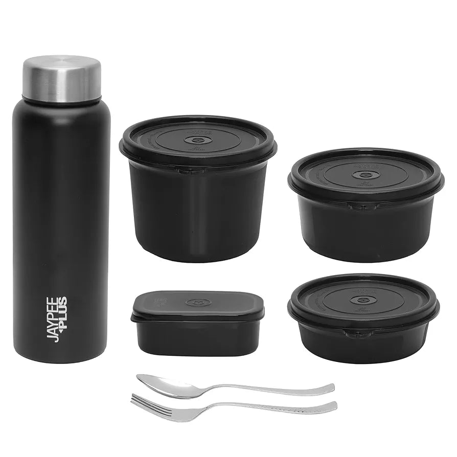 Jaypee Plus Meal Plus 1390 ml Stainless Steel Office Lunch Box | BPA Free, Microwave Safe & Spillproof Airtight 4 Containers | Includes Bottle, Spoon, Fork & Bag | Ideal for College & School